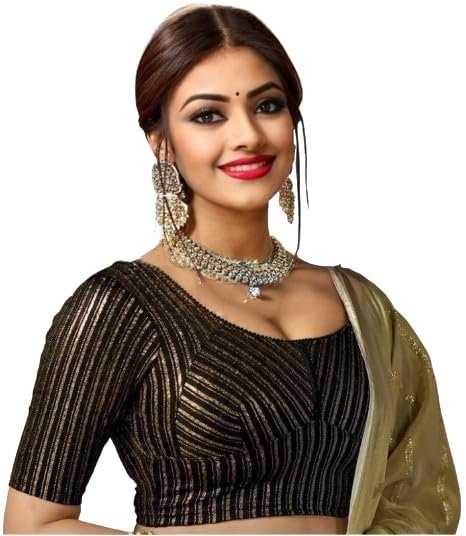 Version 1.0.0 Jacquard Striped Stretchable Fit & Comfy Round Neck Half Sleeve Readymade Saree Blouse Stylish Crop Top Choli for Girls & Women - Image 1